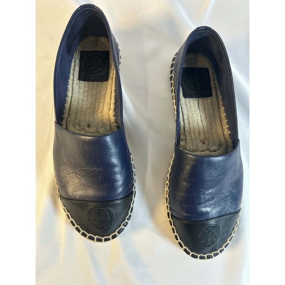 Tory Burch Women Navy Black Leather Cap Toe Espadrille Flats Sz 7 Elegant Preppy